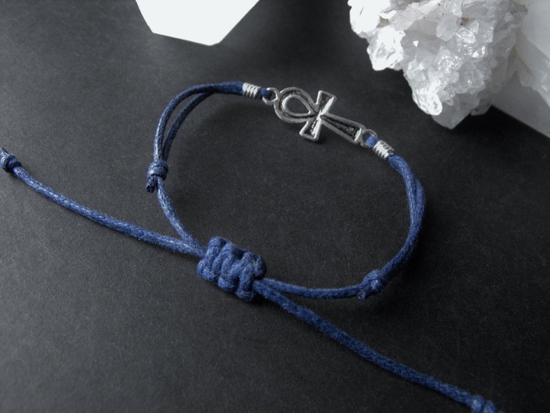 Adjustable Ankh Charm Bracelet Blue Cord
