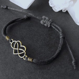 Infinity Heart Black Cord Bracelet, Bronze, Adjustable