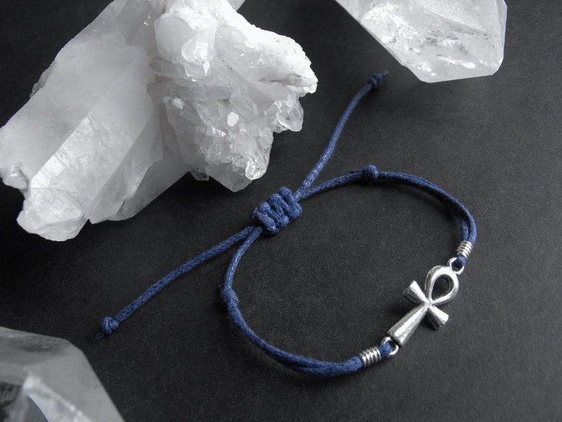 Adjustable Ankh Charm Bracelet Blue Cord