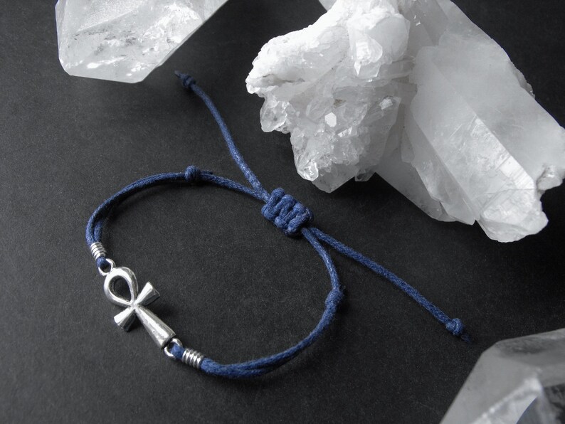 Adjustable Ankh Charm Bracelet Blue Cord