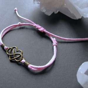 Infinity Heart Pink Cord Bracelet, Bronze, Adjustable