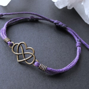 Infinity Heart Purple Cord Bracelet, Bronze, Adjustable