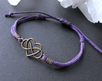 Infinity Heart Purple Cord Bracelet, Bronze, Adjustable