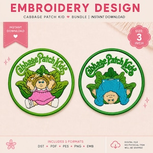 May include: Two circular embroidery designs featuring Cabbage Patch Kids characters. One shows a doll in a pink dress, the other shows a doll in blue overalls, both surrounded by green leaves. The text reads Cabbage Patch Kids. Size 3 inches.
