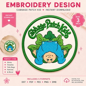 May include: A circular embroidery design featuring the Cabbage Patch Kids logo in green text above a character wearing blue overalls emerging from green leaves. The design is on a white background with a green border and a 3-inch size label.