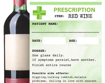 Printable Fun Prescription Label | Red Wine | PDF and PNG files instant digital downloads