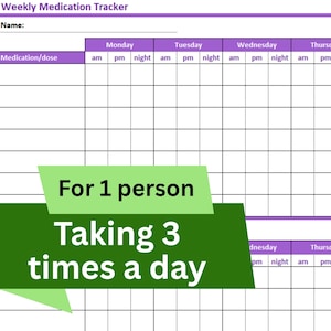 Weekly Medication Tracker - EXCEL download for 1 person taking 3 times per day, with comments box