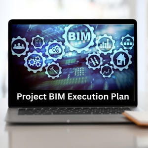 May include: A laptop displaying a "Project BIM Execution Plan." The screen shows a graphic with the letters "BIM" surrounded by white gear icons and other symbols against a blue and green background. The laptop is open on a light-colored surface.