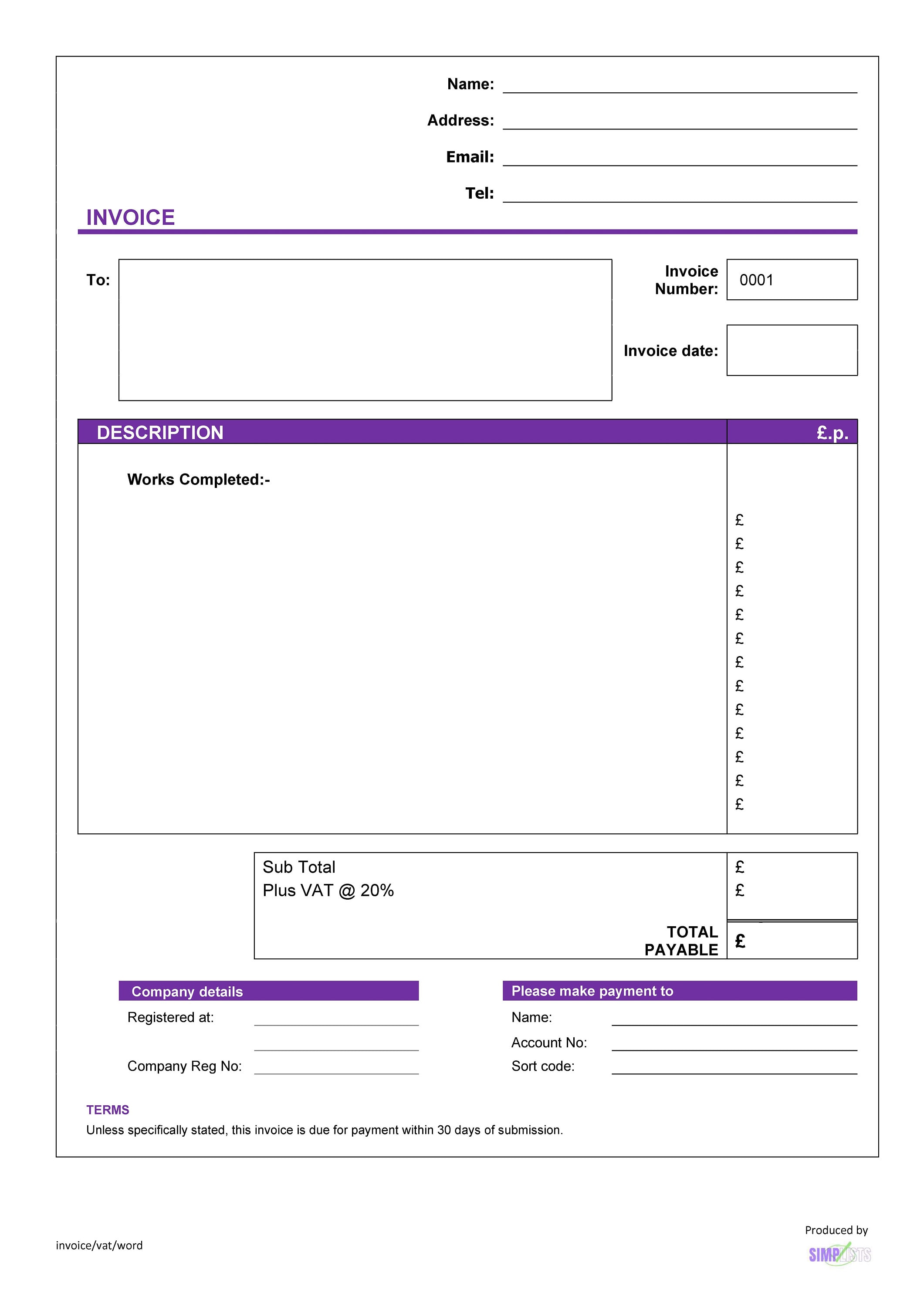 Invoice Template (UK With VAT Section) - WORD File Instant Digital ...