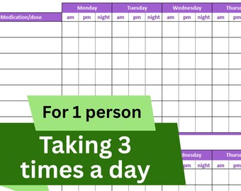 Weekly Medication Tracker - PDF digital download for 1 person taking 3 times per day