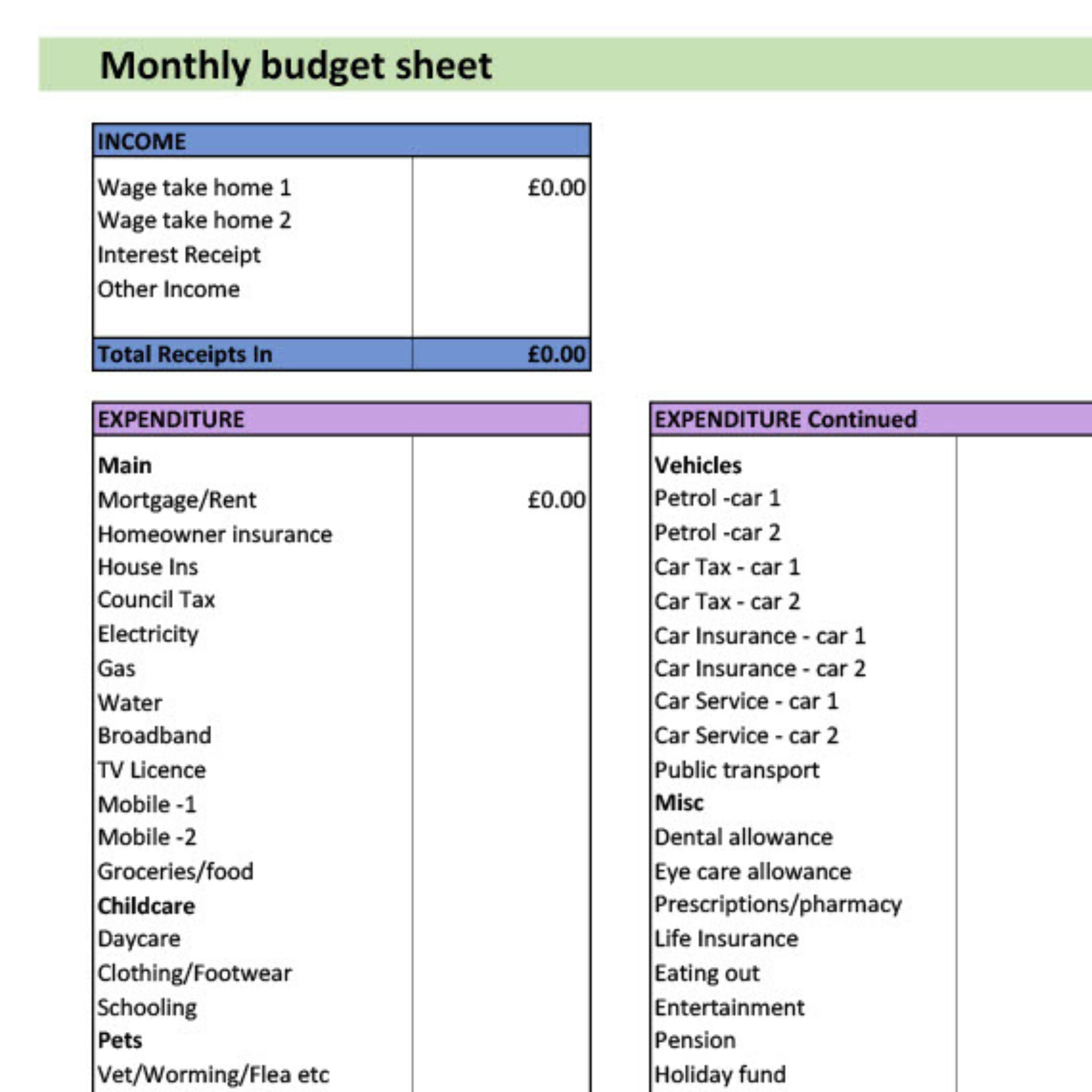 EXCEL Monthly Budget Sheet for Household Download Etsy