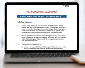 Anti Corruption and Bribery Policy template  - Word file digital download
