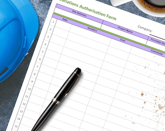 May include: A blank variations authorisation form with a pen, a blue hard hat, and a cup of coffee. The form has columns for site address, date, variation, cost, project name, company, purchase order, and comments.