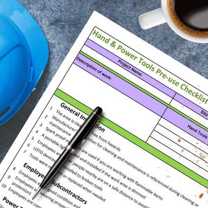 May include: A checklist for pre-use inspection of hand and power tools. The checklist includes sections for general instructions, employee and subcontractor responsibilities, and a space for recording the site and hand tools used.