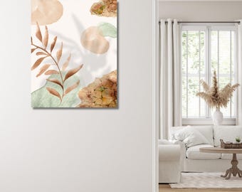 May include: Abstract art print featuring a botanical design with a neutral color palette. The artwork includes a brown leafy branch, peach-colored shapes, and green and brown textured elements against a white background.