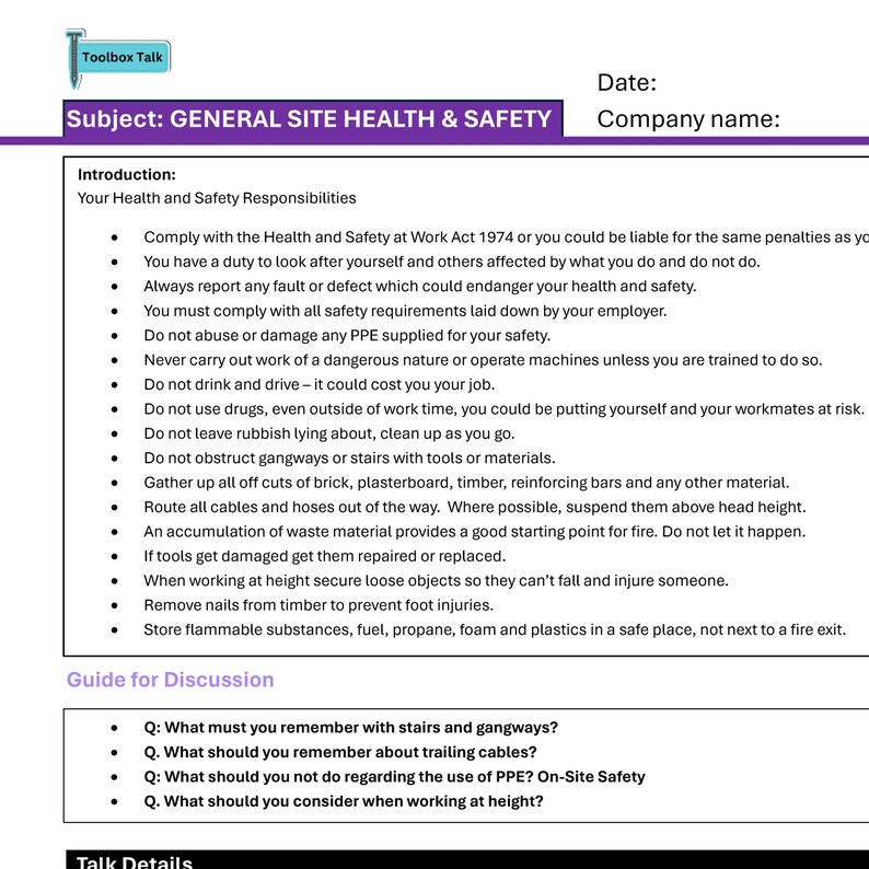 Toolbox Talk - General H & S - PDF Instant Digital Download - Etsy