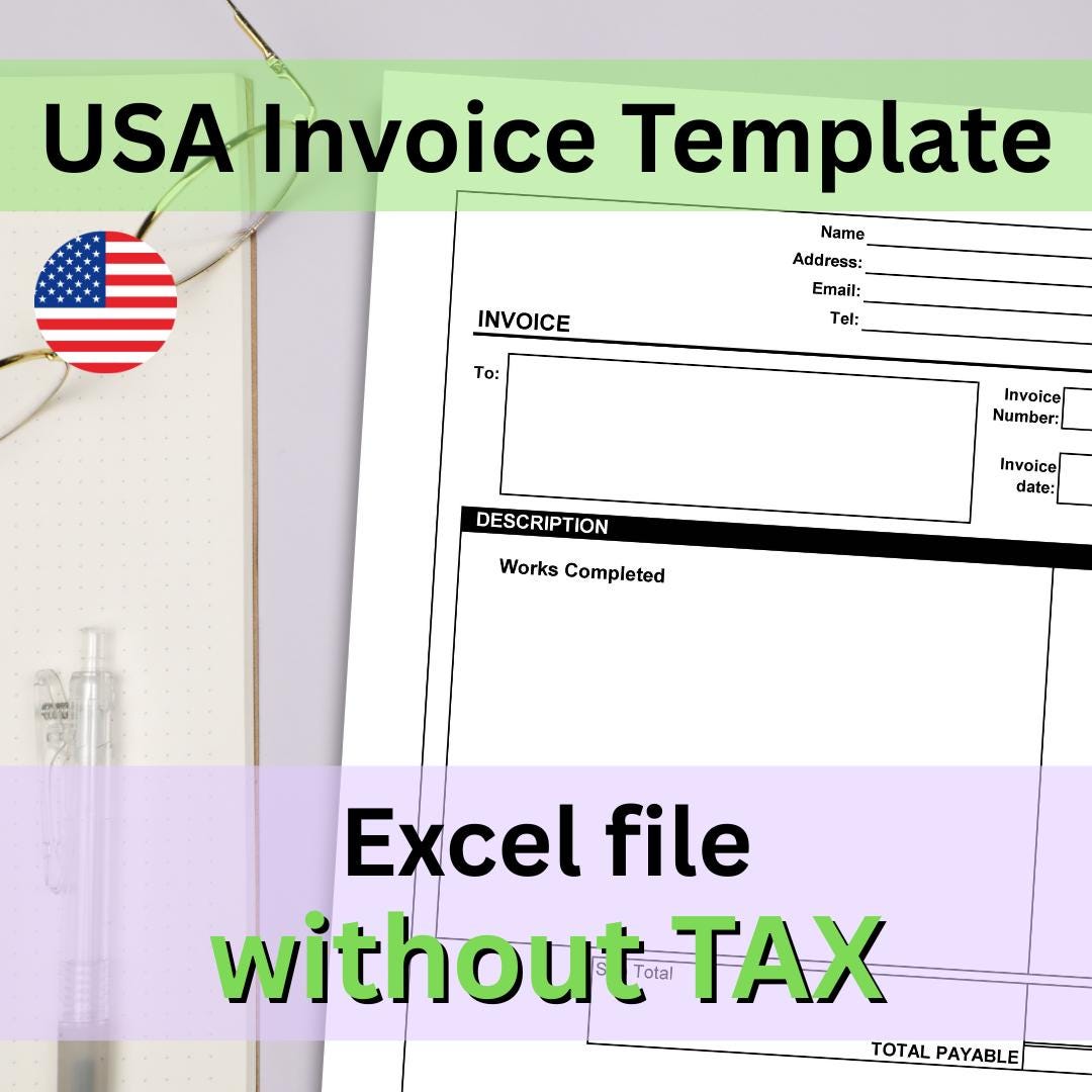 Invoice Template (USA Without Tax Section) - Excel File Instant Digital ...