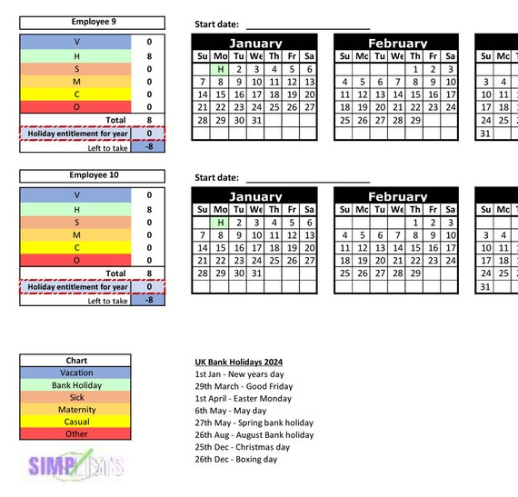 EXCEL 2024 Employee Vacation Tracker UK - Etsy