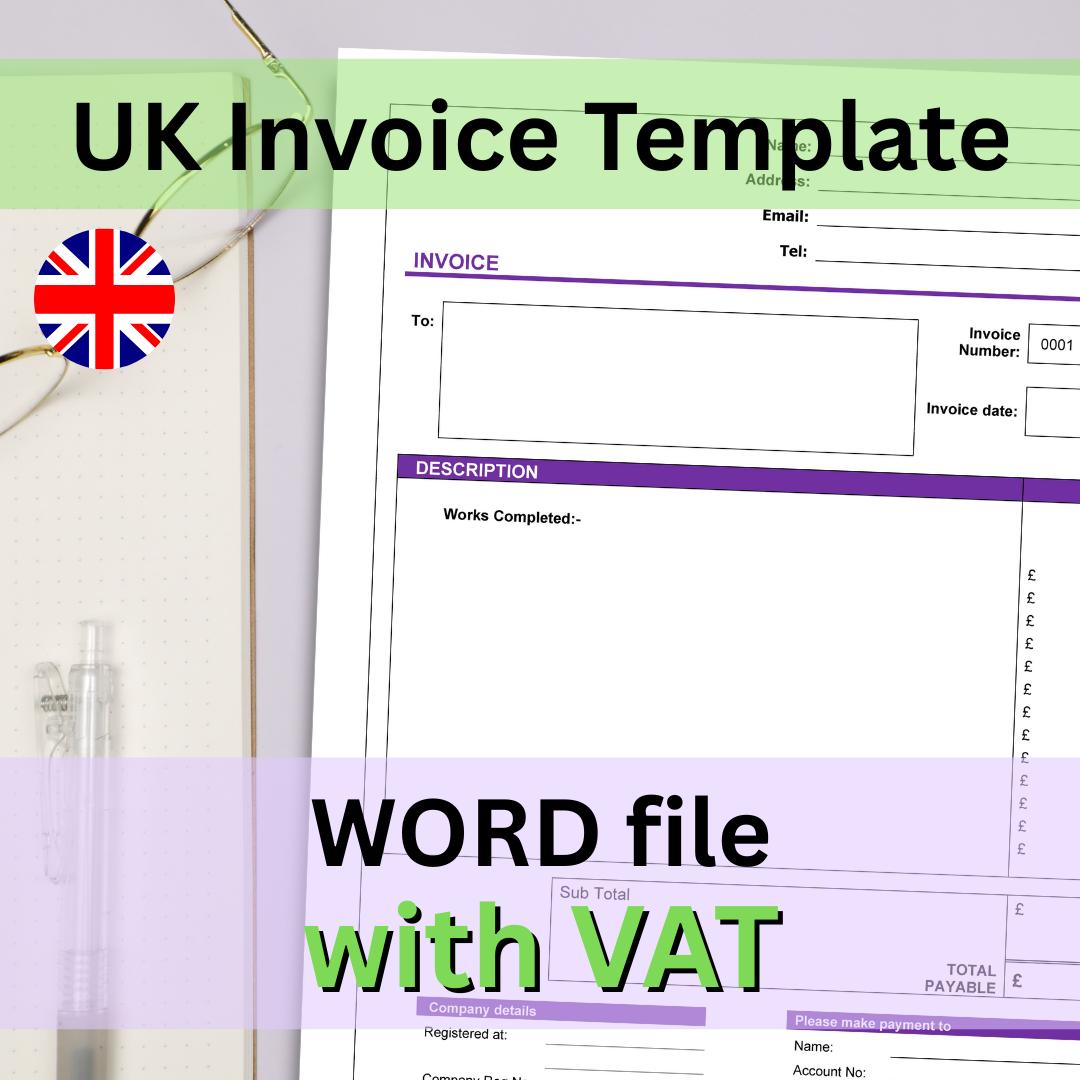 Invoice Template (UK With VAT Section) - WORD File Instant Digital ...