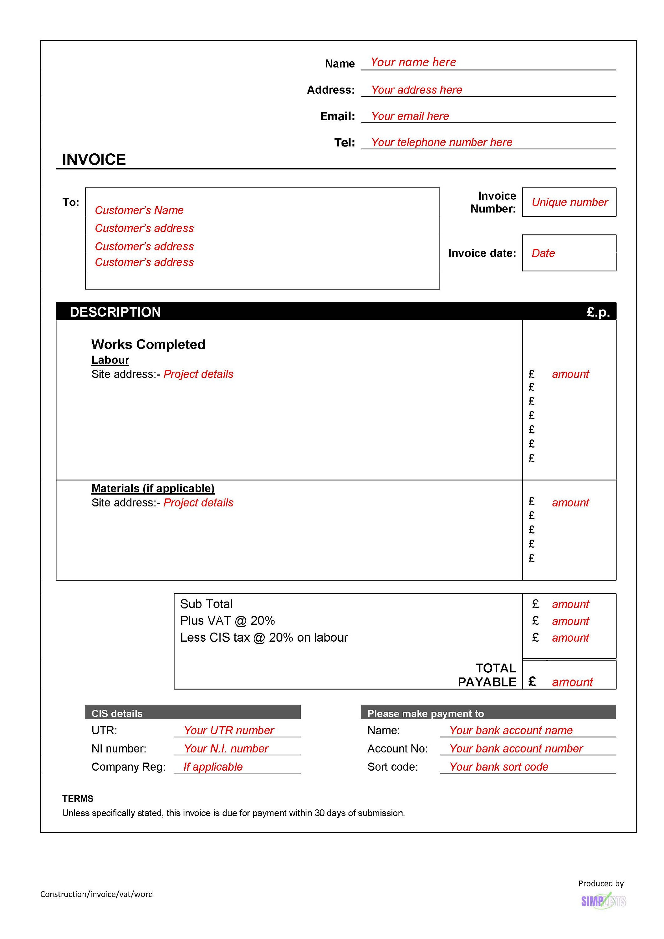 PDF CIS Invoice Template with Vat Download Etsy UK