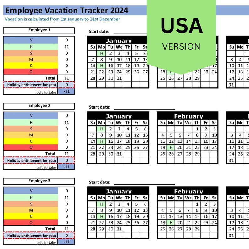 EXCEL 2024 Employee Vacation Tracker USA Etsy