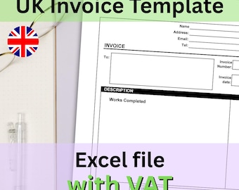 Invoice template (UK with VAT section) - Excel File instant digital download