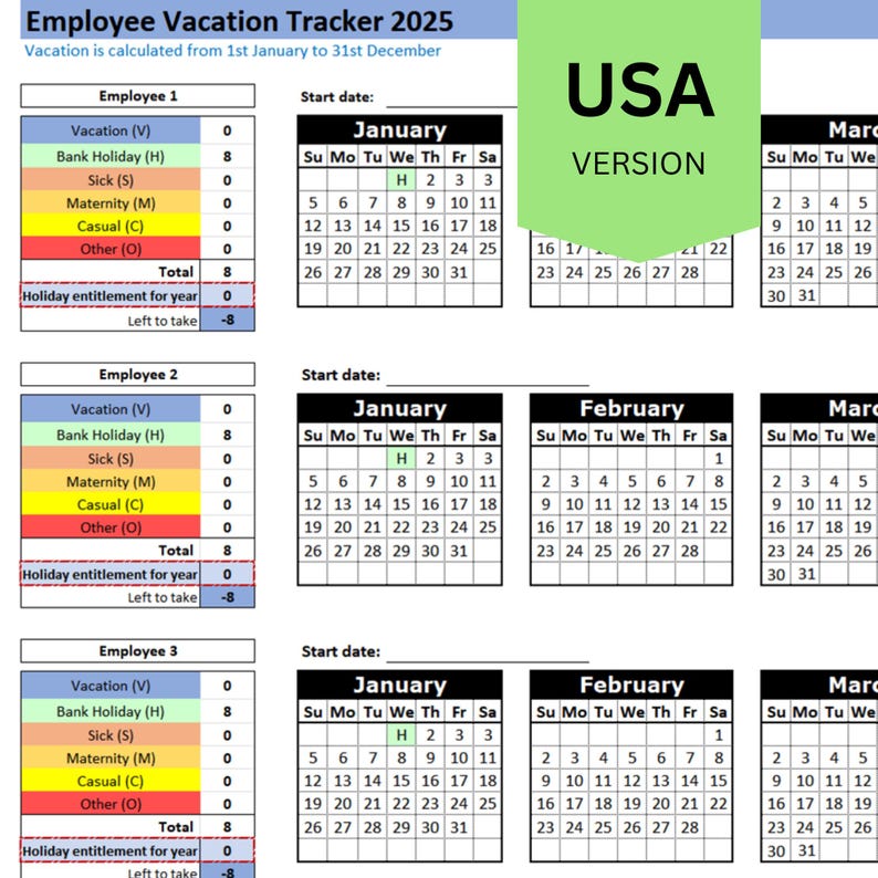 EXCEL 2025 Employee Vacation Tracker Excel Download USA Etsy