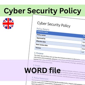 Op de afbeelding: Een document getiteld Cyber Security Policy met een tabel met velden voor bedrijfsnaam, eigenaar, goedkeuring, ingangsdatum, revisiedatum en versie. De tekst bevat secties over het doel, de reikwijdte en de beleidsverklaring van het document.