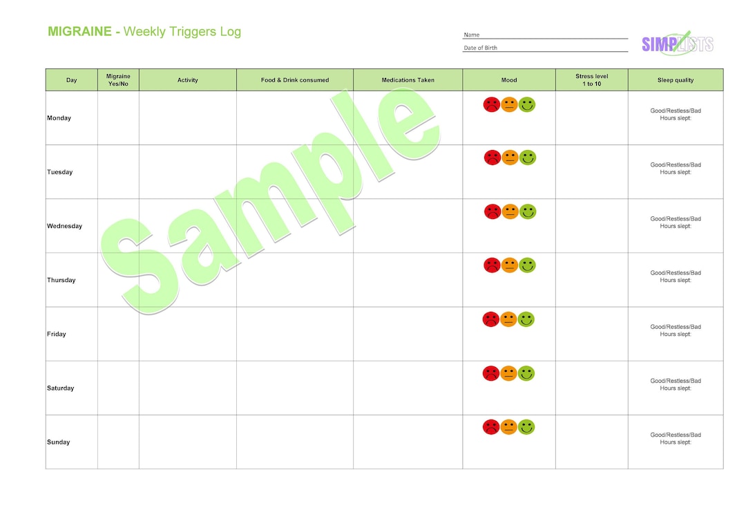 Migraine Weekly Triggers Log - PDF File Instant Download - Etsy