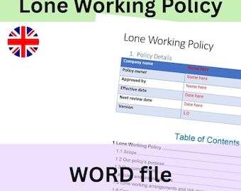 Lone Working Policy Template | Word Document | Instant download