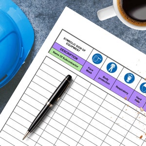 Puede incluir: Una hoja de papel blanca con una cuadrícula y una tabla que enumera los equipos de seguridad. La tabla tiene columnas para el nombre del subcontratista, la máscara facial, la protección corporal, la respiración y los cascos. Cada columna tiene un símbolo que representa el equipo. Un bolígrafo negro está sobre el papel.