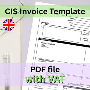 CIS invoice template (with vat) - PDF file instant digital download
