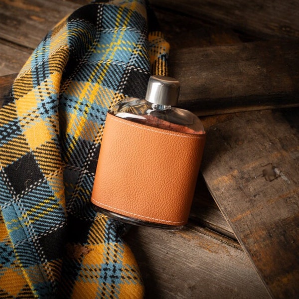GLASS HIP FLASK , Whisky Hip flask with Leather or Harris Tweed Wrap, Whisky Gift