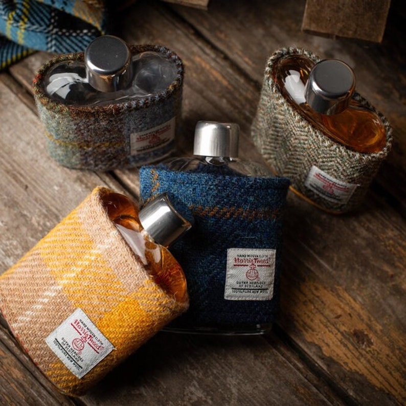 GLASS HIP FLASK , Whisky Hip flask with Leather or Harris Tweed Wrap, Whisky Gift image 6