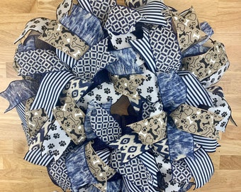 Dog Lover Wreath, Navy Blue Paw Print Decor