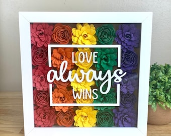 Love Wins Pride Shadowbox, Rainbow Paper Flowers, LGBTQ Decor