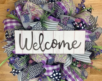 Welcome Spring Wreath, Purple Flowers, Mesh Door Decor