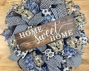 Paw Print Dog Wreath, Home Sweet Home, Navy Blue Decor