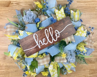Blue & Yellow Floral Spring Mesh Wreath, Welcome Door Decor