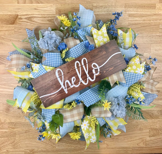 Blue and Yellow Hello Spring Mesh Wreath, Spring Mesh Wreath, Welcome Wreath, Summer Wreath, Spring Door Decor, Spring Flowers