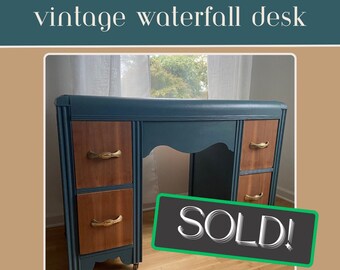 SOLD! | Vintage Waterfall Desk | Muted Navy Blue Antique Vanity | Home Office | Bathroom Vanity | Antique Wood Furniture