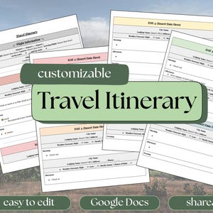 Puede incluir: Una plantilla de itinerario de viaje personalizable con secciones para información de vuelos, horarios diarios y detalles de alojamiento. El diseño incluye el texto "customizable Travel Itinerary" y las palabras "easy to edit", "Google Docs" y "shareable".