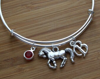 Horse Lover Bangle, Adjustable Personalized Bangle, Layered Bangle Horse, Birthday Gift, Birthstone Initial Bracelet, Dangling Charms