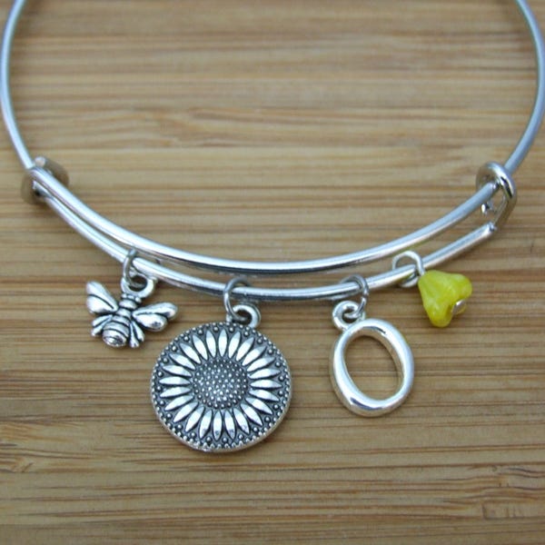 Bumble Bee Sunflower Bangle Bracelet, Yellow Honey Bee Jewelry, Personalized Bumble Bee Bangle, Silver Letter Birthstone Bangle