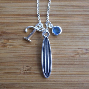 Surfer Necklace, Personalized Surf Board Initial Necklace, Birthstone Necklace, Gift for Surf Lovers