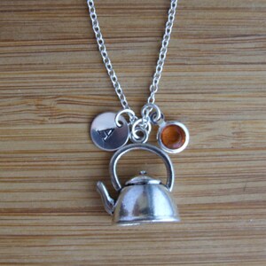 Tea Pot Necklace, Tea Lovers Necklace, Sterling Silver, Personalized, Hand Stamped Initial, Birthstone Necklace, Monogram Gift, Keepsake