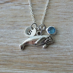 Manatee Lover Necklace, Sea Animal Lover Necklace, Sterling Silver, Birthstone Necklace, Monogrammed Gift, Gift under 20