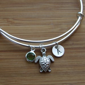 Turtle Gift, Turtle Lover Gift, Bangle Bracelet, Turtle Bangle Bracelet, Initial Birthstone Bracelet, Personalized, Adjustable Bracelet