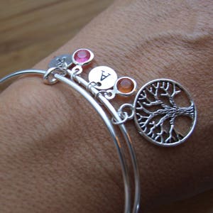 Family Tree Bangle, Mother Grand Mother Bangle Bracelet, Valentine Gift, Tree Bangle Bracelet, Initial Bracelet, Personalized,Initial Charm