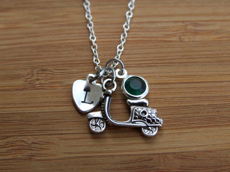 Scooter Necklace, Sterling Silver Necklace, Scooter Lovers Gift, Scooter Commuter Gift, May Birthstone,Personalized, Gift under 20 image 2